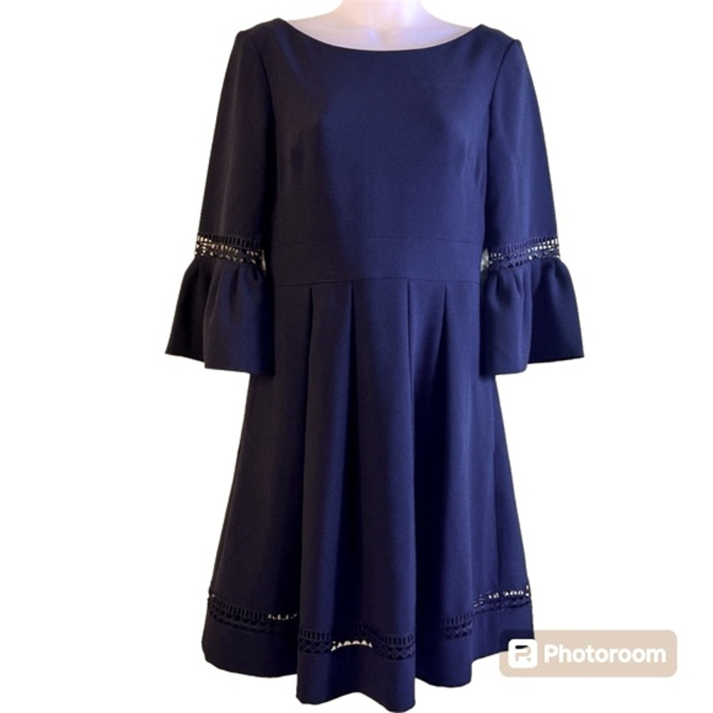 Eliza J Sz 4 Cocktail Dress Classic Classy Fit Flair Croched Eyelet Trim Black - Picture 3 of 16